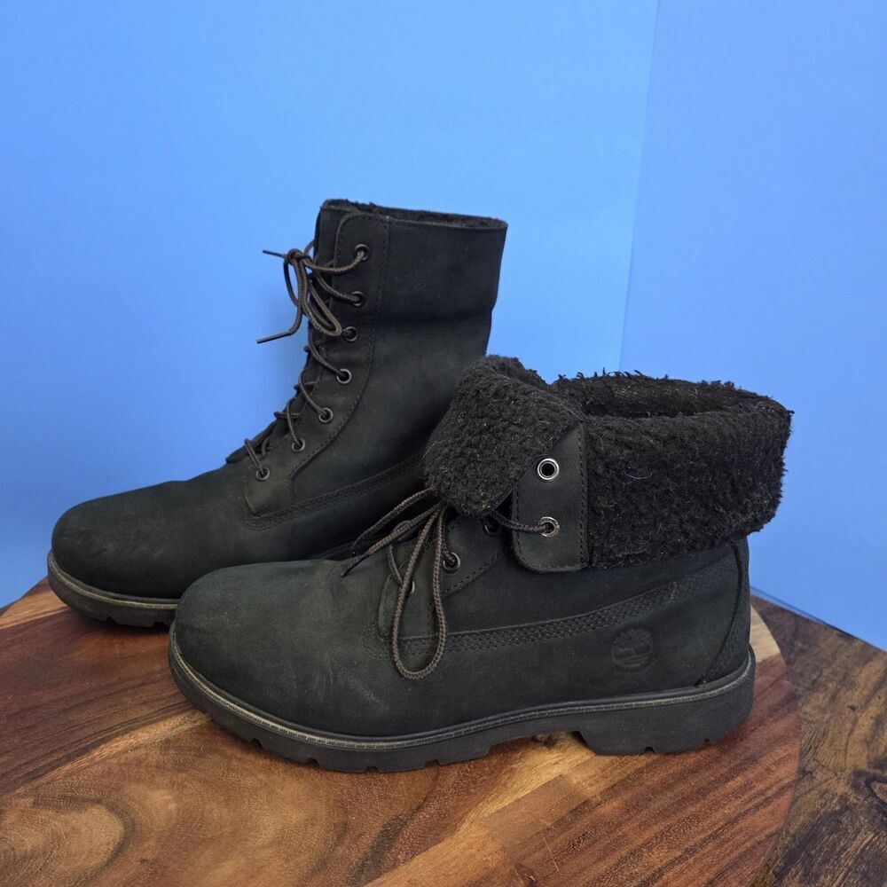 Timberland Warm-Lined Waterproof Roll-Top Boot Women's 11 Black Nubuck Leather